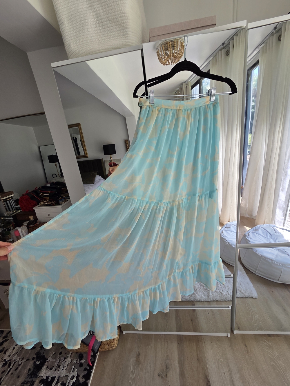 H&M Light Blue and Cream Tiered Maxi Skirt